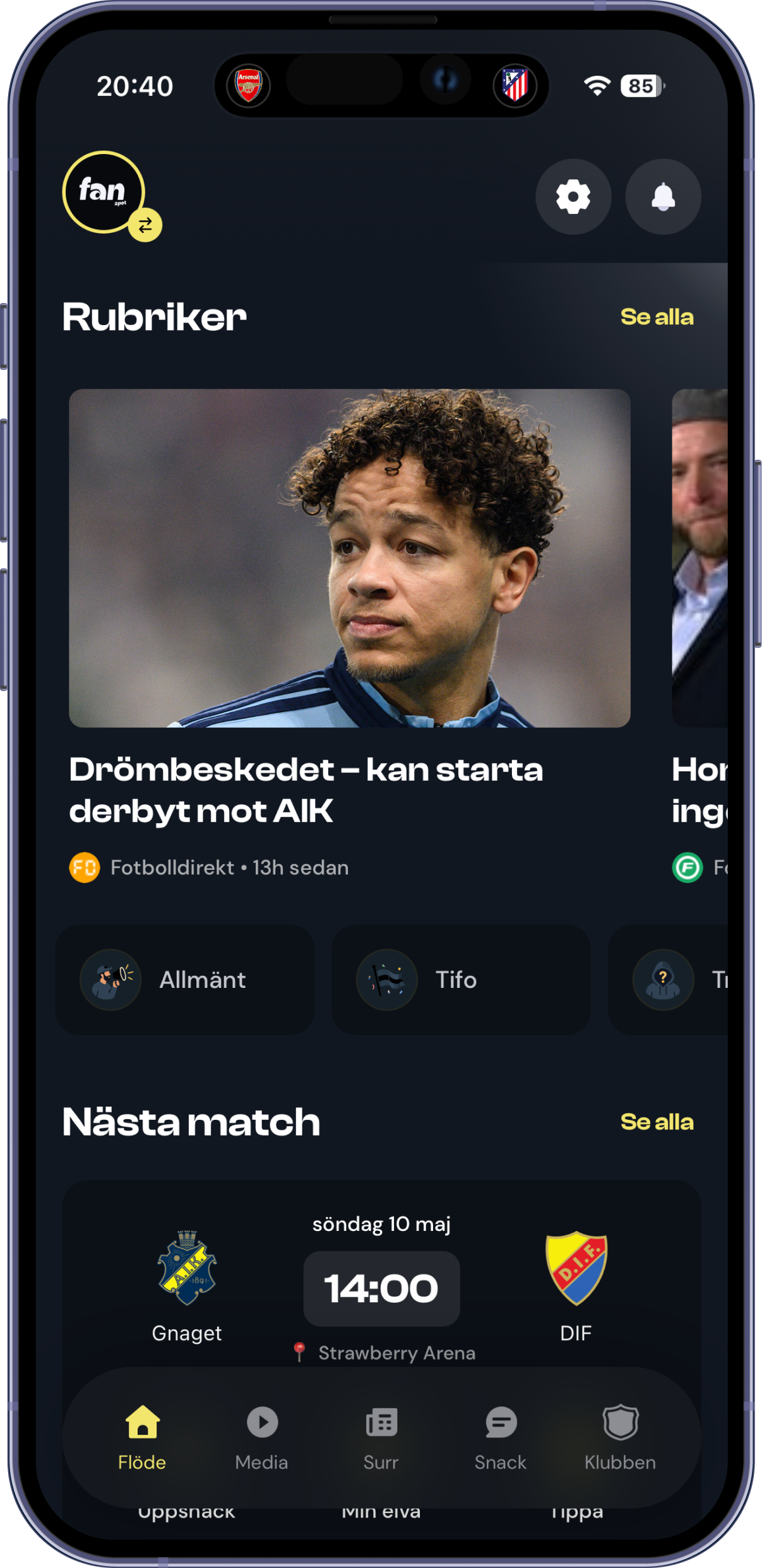 Fanspot app i telefon